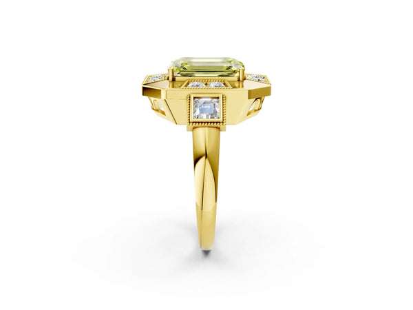 Yellow Gold Emerald Cut Vintage Halo Engagement Ring Setting for Fancy Yellow Center - Design RJ-711