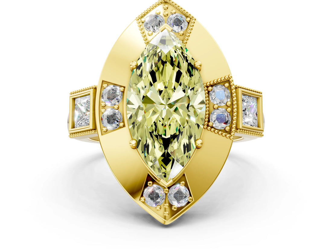 Yellow gold Milgrain Fancy Yellow Marquise Cut Diamond Halo Split Shank Ring