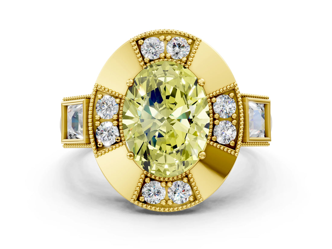 Yellow gold Milgrain Fancy Yellow Oval Cut Diamond Halo Split Shank Ring