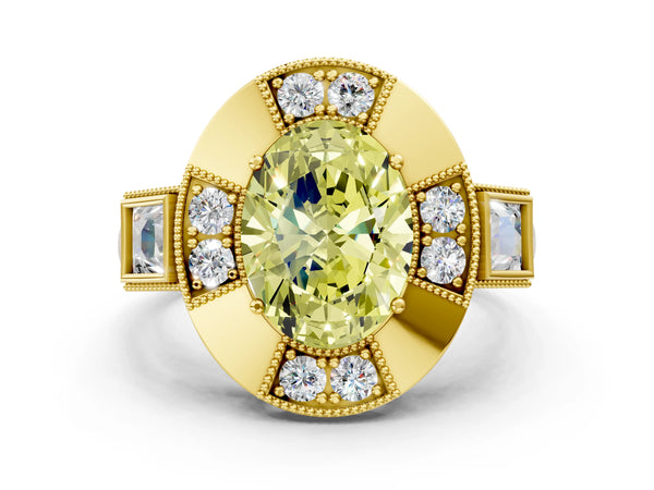 Yellow Gold Oval Vintage Halo Engagement Ring Setting for Fancy Yellow Center - Design RJ-711