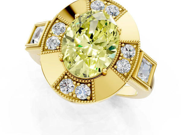 Yellow Gold Oval Vintage Halo Engagement Ring Setting for Fancy Yellow Center - Design RJ-711