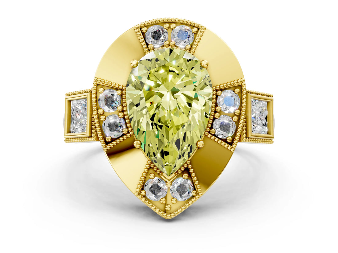 Yellow gold Milgrain Fancy Yellow Pear Cut Diamond Halo Split Shank Ring_6