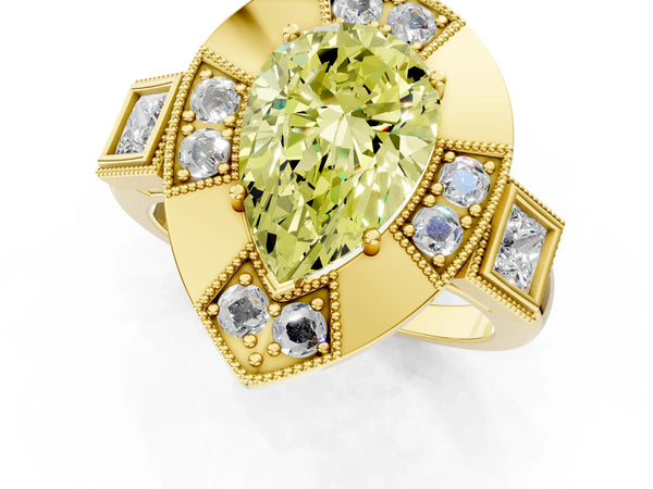Yellow Gold Pear-Shaped Vintage Halo Engagement Ring Setting for Fancy Yellow Center - Design RJ-711