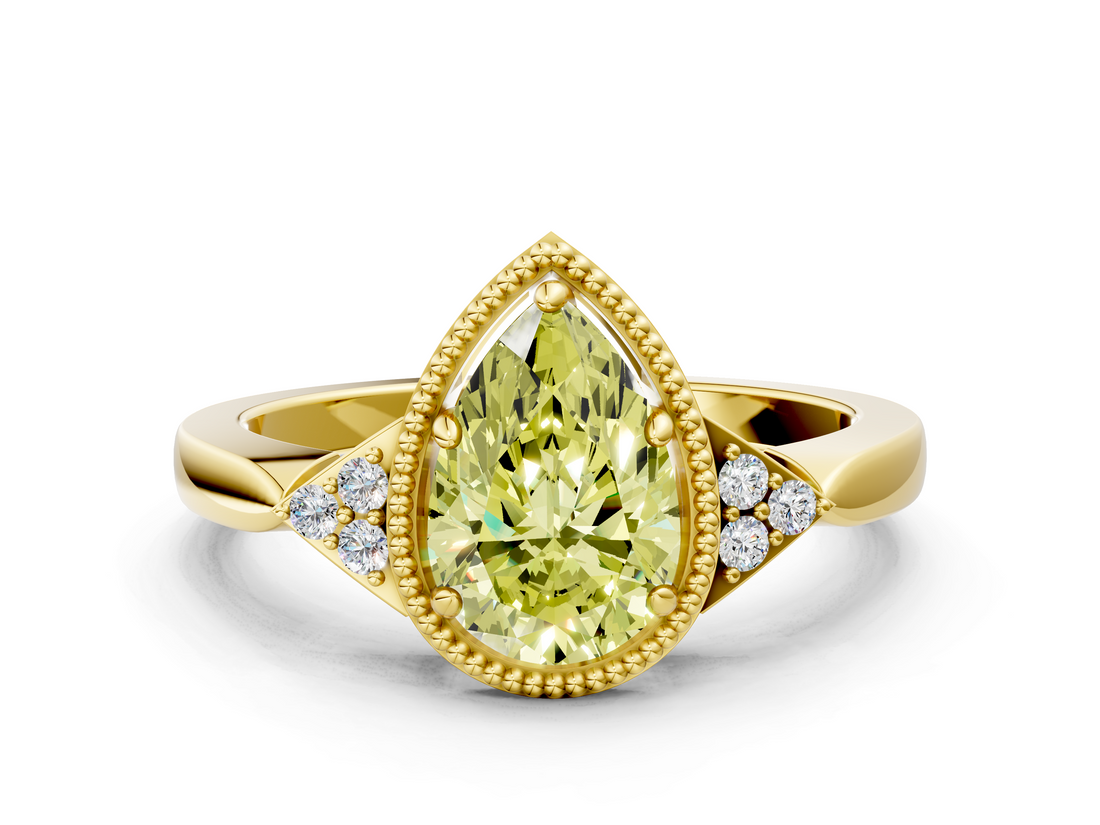 Yellow gold Milgrain Fancy Yellow Pear  Cut Diamond Ring with Tapered Pave Band and Four Prong Setting_3