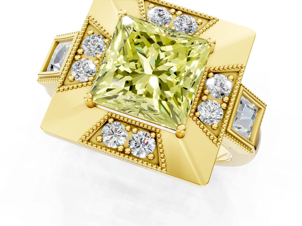 Yellow Gold Princess Cut Vintage Halo Engagement Ring Setting for Fancy Yellow Center - Design RJ-711