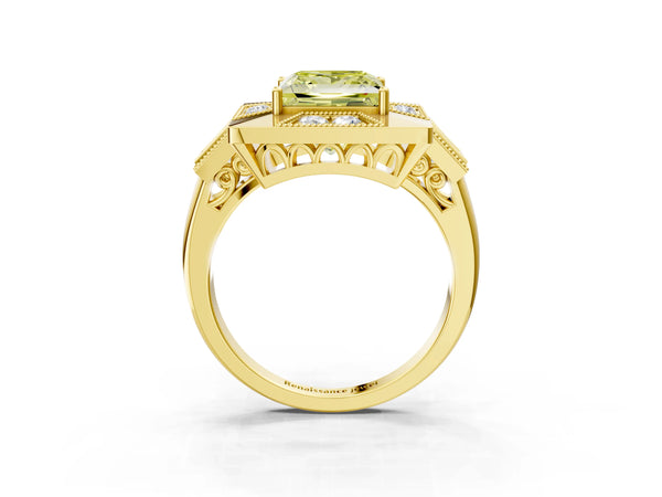 Yellow Gold Princess Cut Vintage Halo Engagement Ring Setting for Fancy Yellow Center - Design RJ-711