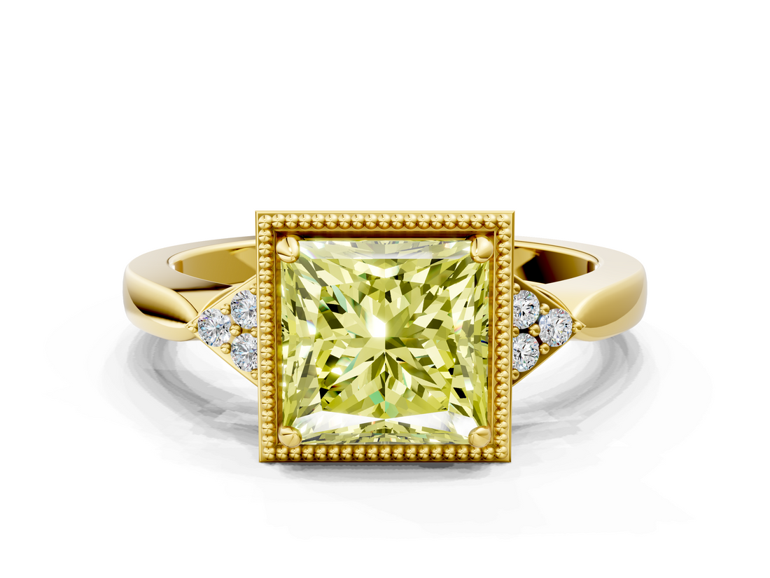 Yellow gold Milgrain Fancy Yellow Princess  Cut Diamond Ring with Tapered Pave Band and Four Prong Setting_23
