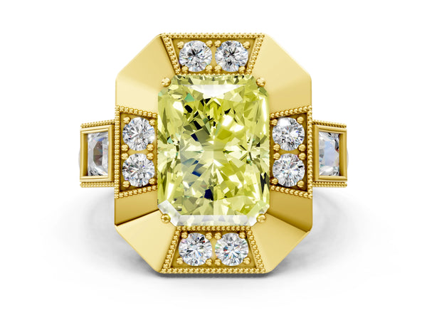 Yellow Gold Radiant Cut Vintage Halo Engagement Ring Setting for Fancy Yellow Center - Design RJ-711