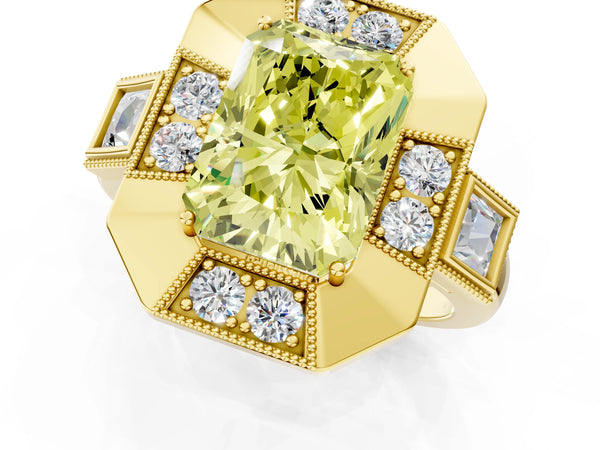 Yellow Gold Radiant Cut Vintage Halo Engagement Ring Setting for Fancy Yellow Center - Design RJ-711