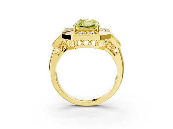 Yellow Gold Radiant Cut Vintage Halo Engagement Ring Setting for Fancy Yellow Center - Design RJ-711
