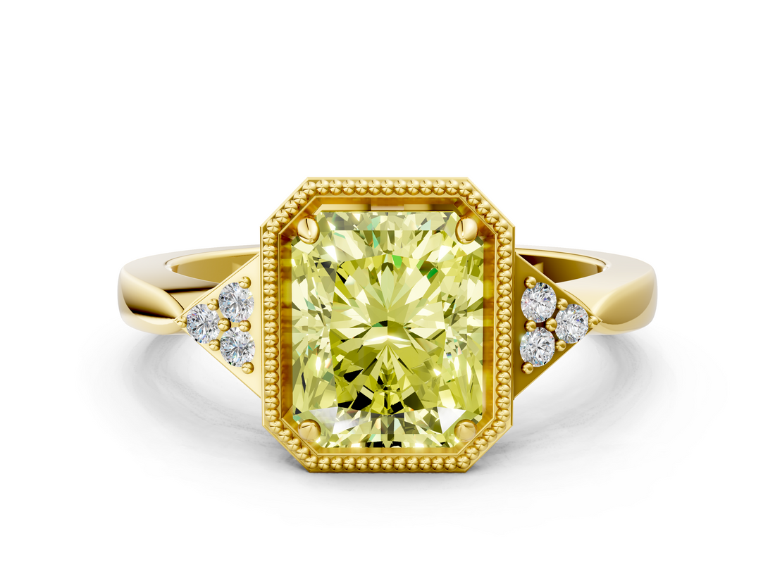 Yellow gold Milgrain Fancy Yellow Radiant  Cut Diamond Ring with Tapered Pave Band and Four Prong Setting_3