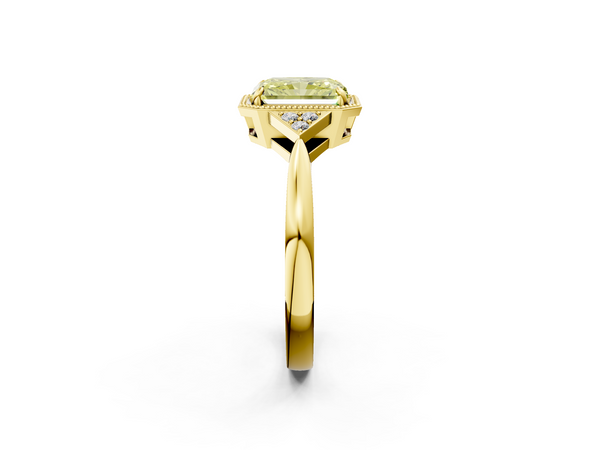 Yellow gold Milgrain Fancy Yellow Radiant  Cut Diamond Ring with Tapered Pave Band and Four Prong Setting