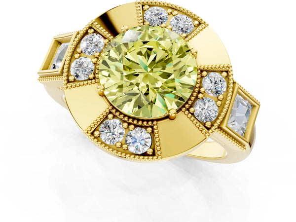 Yellow Gold Round Vintage Halo Engagement Ring Setting for Fancy Yellow Center - Design RJ-711