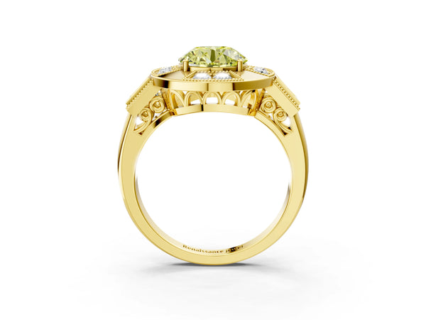 Yellow Gold Round Vintage Halo Engagement Ring Setting for Fancy Yellow Center - Design RJ-711