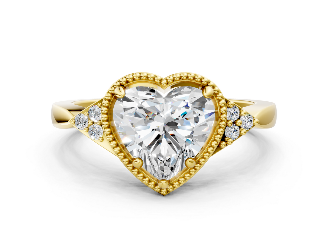 Yellow gold Milgrain Heart Cut Diamond Ring with Tapered Pave Band and Four Prong Setting_3