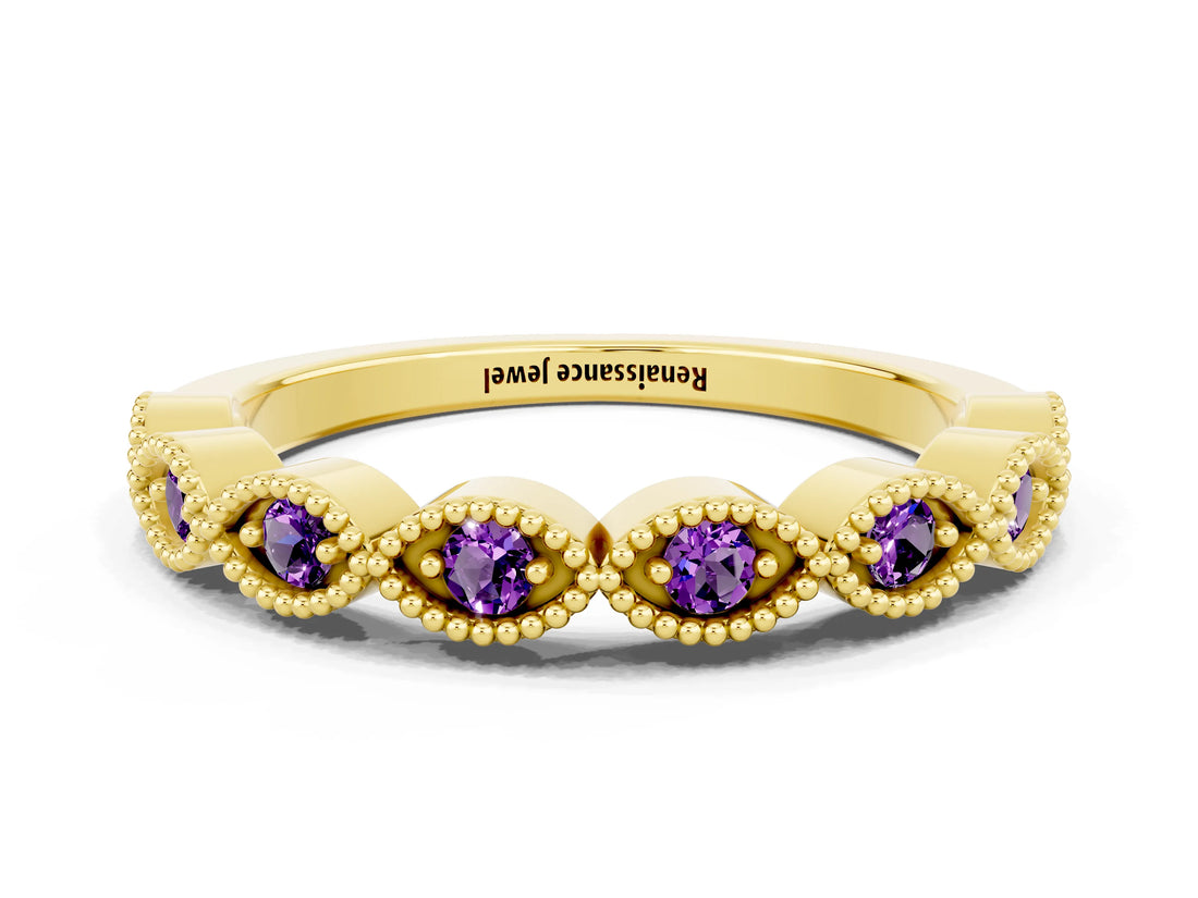 Yellow gold Milgrain Marquise Amethyst Half Eternity Band with Bezel Setting_18