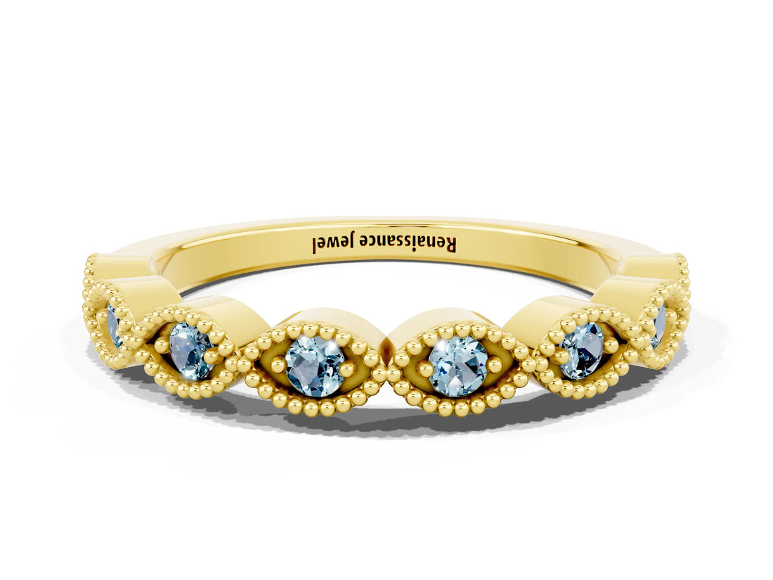 Yellow gold Milgrain Marquise Aquamarine Half Eternity Band with Bezel Setting_18