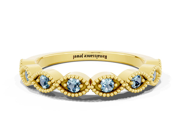 Yellow Gold Round Aquamarine Vintage Milgrain Marquise Frame Half Eternity Band