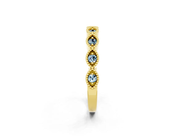 Yellow Gold Round Aquamarine Vintage Milgrain Marquise Frame Half Eternity Band