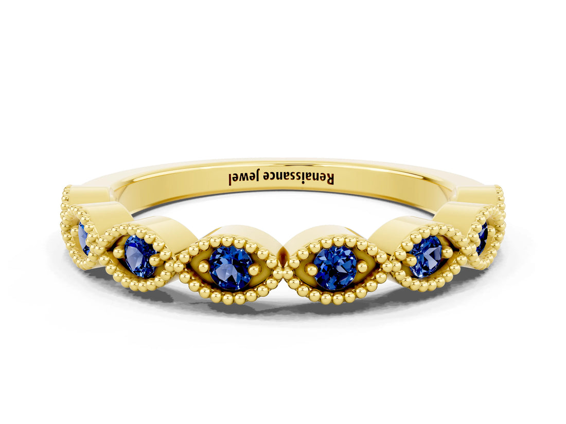 Yellow gold Milgrain Marquise Blue Sapphire Half Eternity Band with Bezel Setting_18