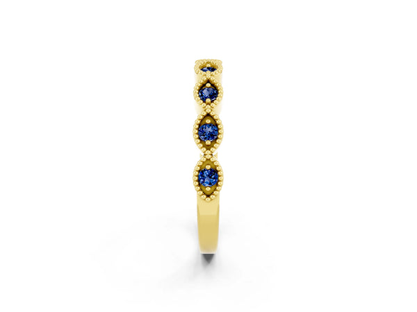 Yellow Gold Round Lab-Grown Blue Sapphire Vintage Milgrain Marquise Frame Half Eternity Band