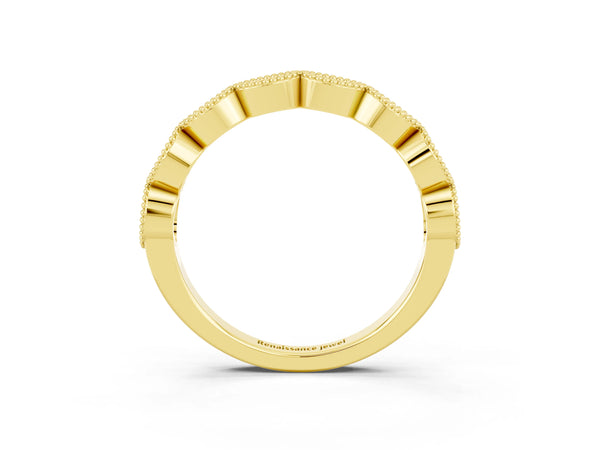 Yellow Gold Round Lab-Grown Blue Sapphire Vintage Milgrain Marquise Frame Half Eternity Band
