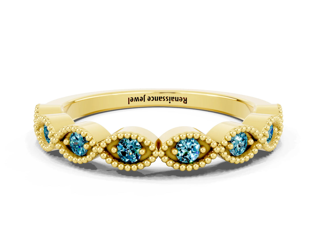 Yellow gold Milgrain Marquise Blue Topaz Half Eternity Band with Bezel Setting_18