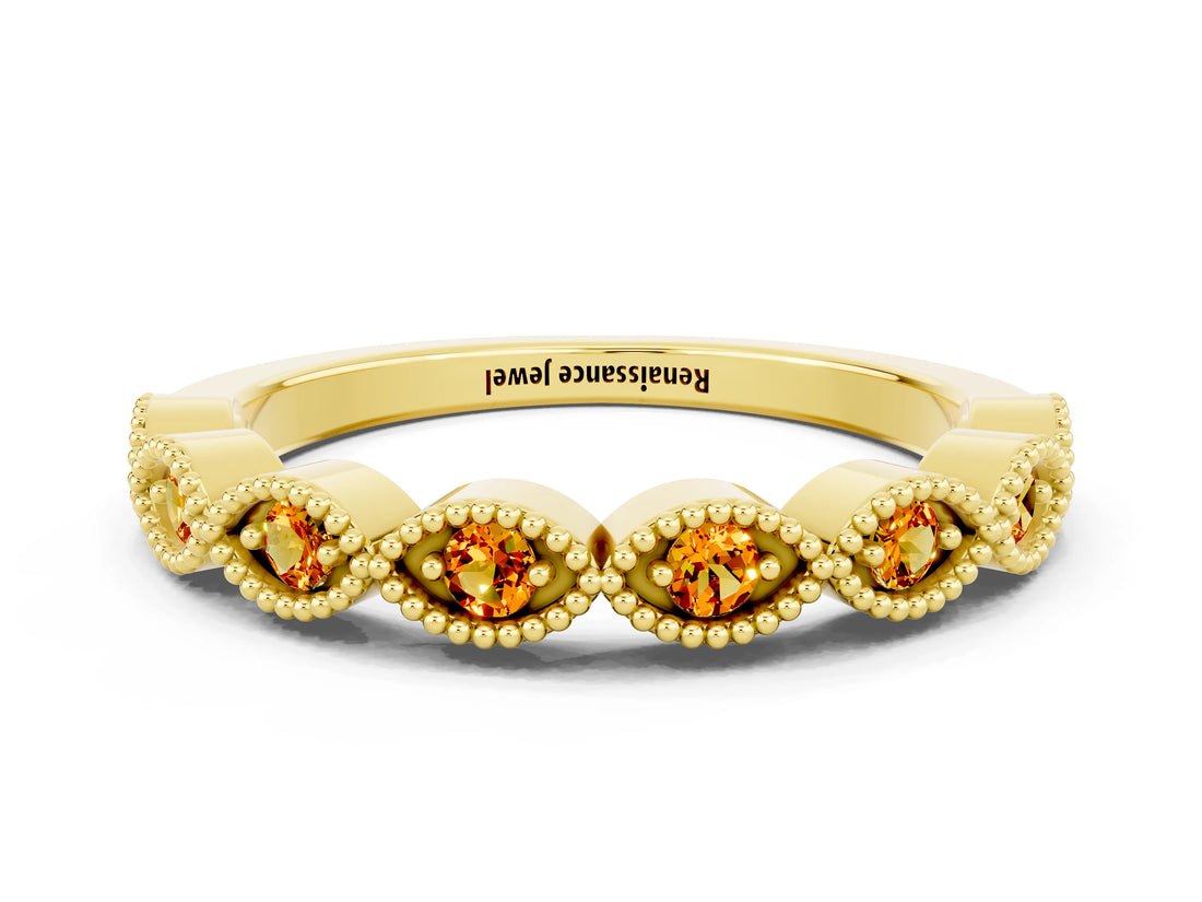 Yellow gold Milgrain Marquise Citrine Half Eternity Band with Bezel Setting_18