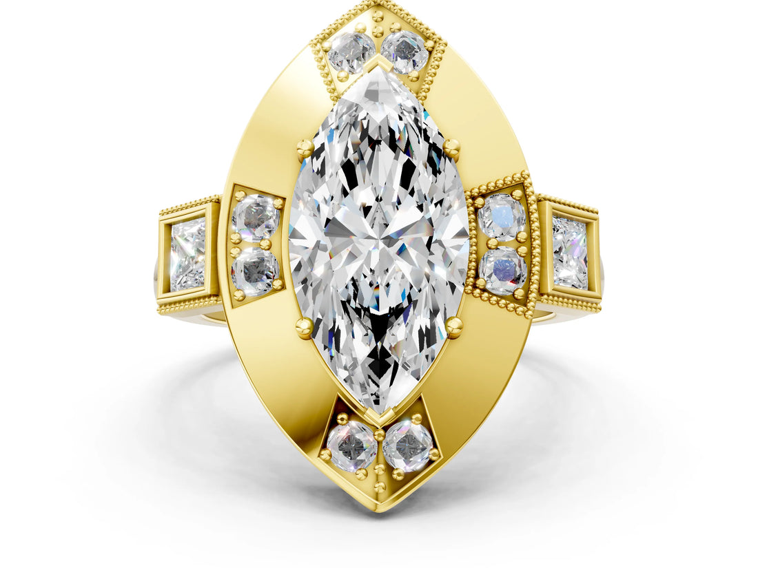 Yellow gold Milgrain Marquise Cut Diamond Halo Split Shank Ring_8