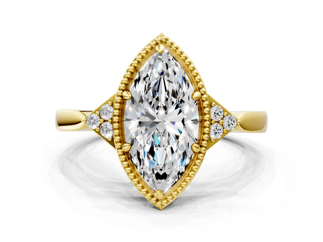 Yellow gold Milgrain Marquise Cut Diamond Ring with Tapered Pave Band and Four Prong Setting_3