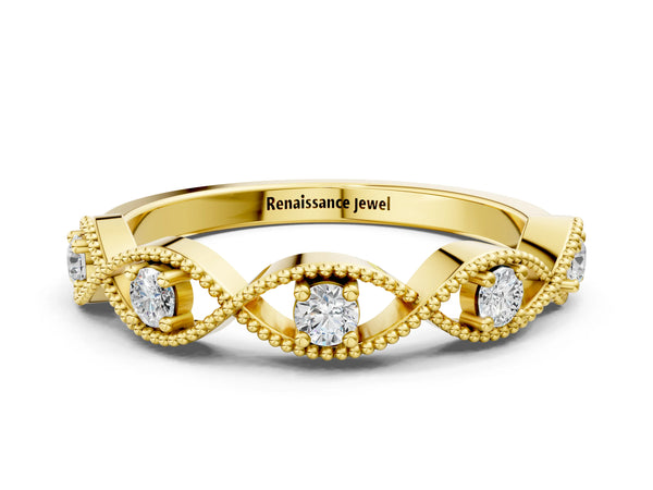Yellow gold Milgrain Marquise Diamond Band with Round Cut Stones and Bezel Setting