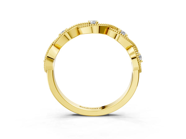 Yellow gold Milgrain Marquise Diamond Band with Round Cut Stones and Bezel Setting