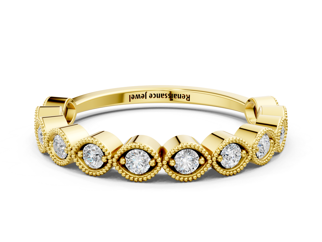 Yellow gold Milgrain Marquise Diamond Eternity Band with Bezel Setting_24