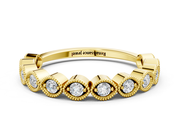 Yellow gold Milgrain Marquise Diamond Eternity Band with Bezel Setting
