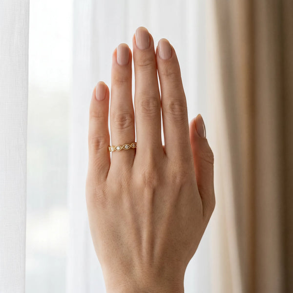 Yellow gold Milgrain Marquise Diamond Half Eternity Band with Bezel Setting