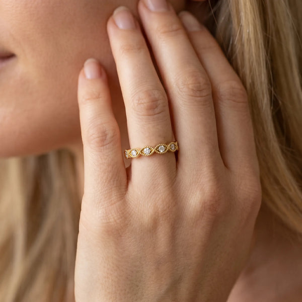 Yellow gold Milgrain Marquise Diamond Half Eternity Band with Bezel Setting