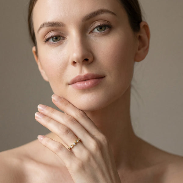 Yellow gold Milgrain Marquise Diamond Half Eternity Band with Bezel Setting