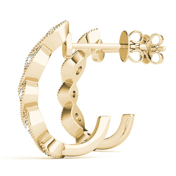 Yellow gold Milgrain Marquise Diamond Hoop Earrings with Bezel Setting 1