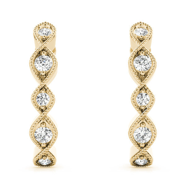 Yellow gold Milgrain Marquise Diamond Hoop Earrings with Bezel Setting 2