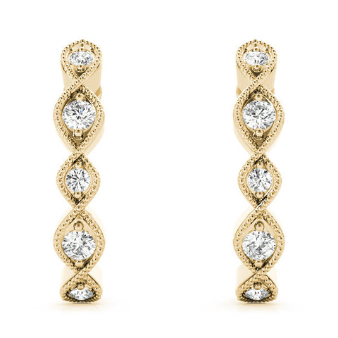 Yellow gold Milgrain Marquise Diamond Hoop Earrings with Bezel Setting 2