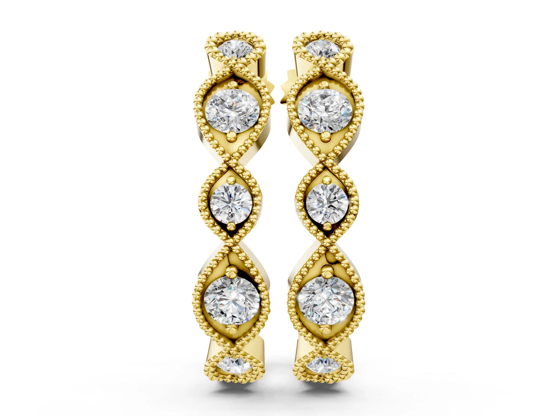 Yellow gold Milgrain Marquise Diamond Hoop Earrings with Bezel Setting_14