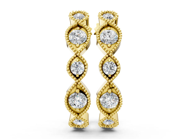 Yellow gold Milgrain Marquise Diamond Hoop Earrings with Bezel Setting