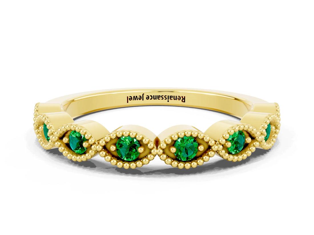 Yellow gold Milgrain Marquise Emerald Half Eternity Band with Bezel Setting_18