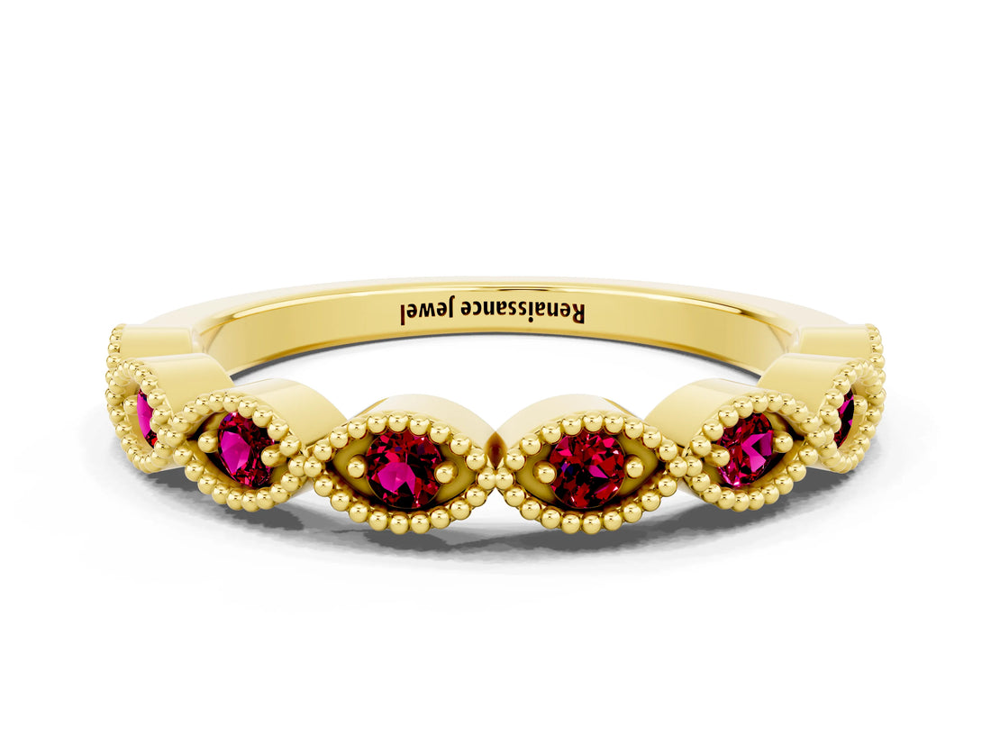 Yellow gold Milgrain Marquise Garnet Half Eternity Band with Bezel Setting_18