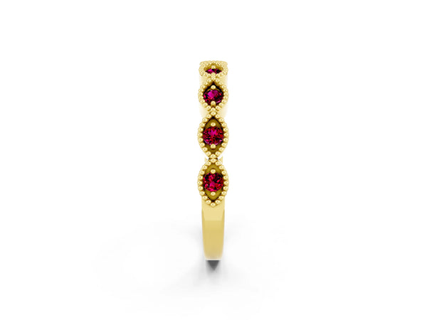 Yellow Gold Round Garnet Vintage Milgrain Marquise Frame Half Eternity Band