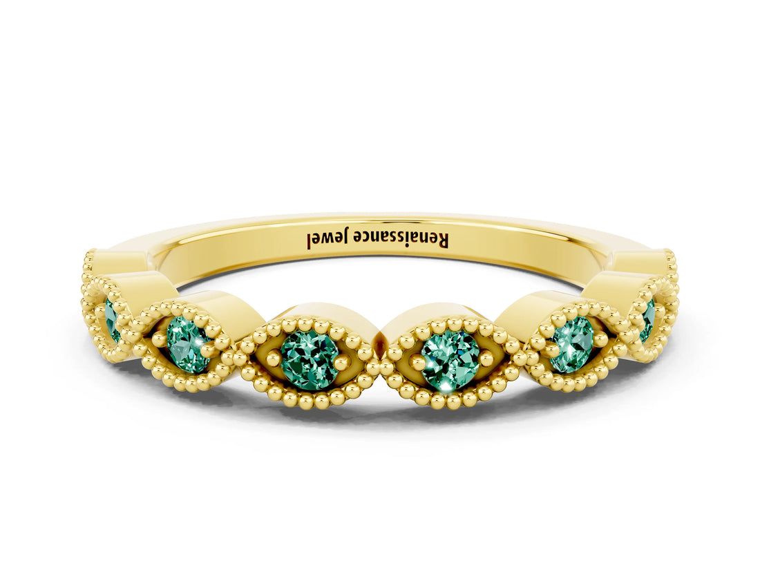 Yellow gold Milgrain Marquise Green Sapphire Half Eternity Band with Bezel Setting_18