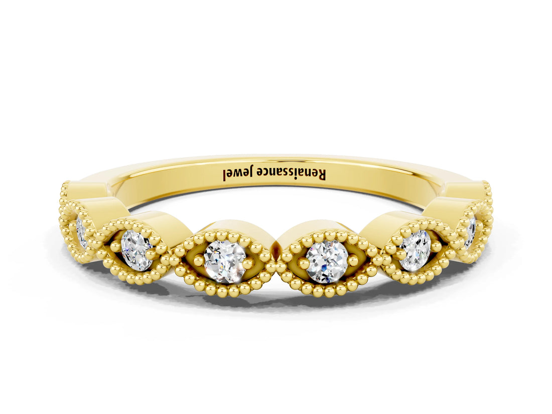 Yellow gold Milgrain Marquise Moissanite Half Eternity Band with Bezel Setting_18