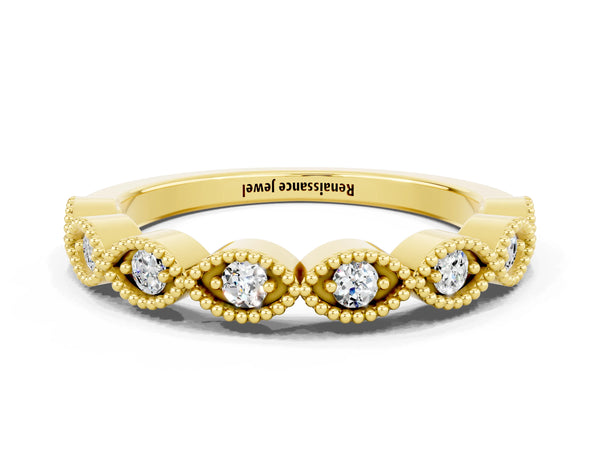 Yellow Gold Round Moissanite Vintage Milgrain Marquise Frame Half Eternity Band