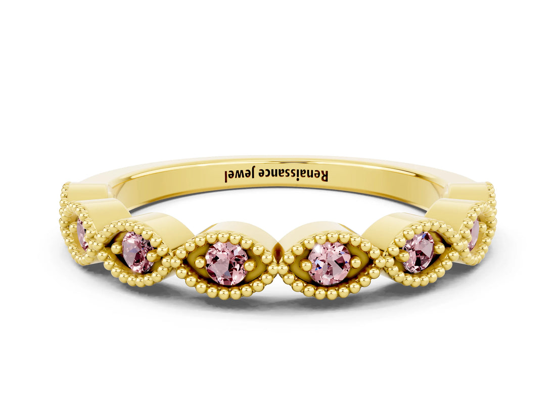 Yellow gold Milgrain Marquise Morganite Half Eternity Band with Bezel Setting_18