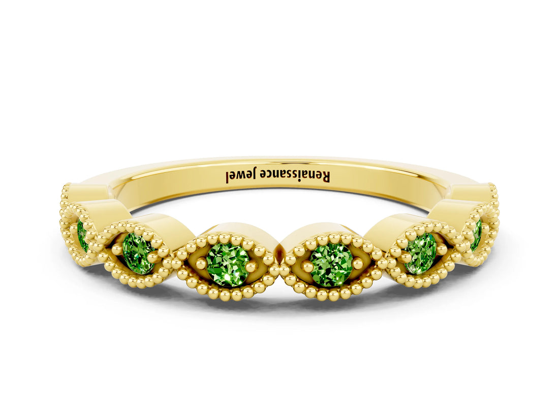 Yellow gold Milgrain Marquise Peridot Half Eternity Band with Bezel Setting_18